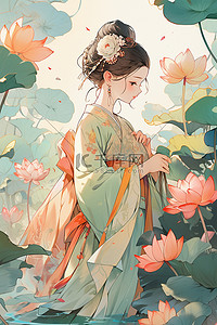 国潮古风美少女插画图片_国潮荷花人物插画中国风