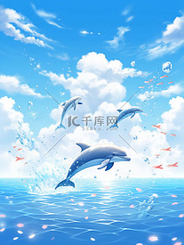 漫画风格海面上海豚跃水蓝天白云插画2