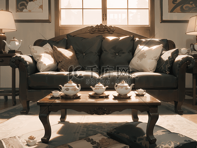 茶几沙发插画图片_有沙发和茶几的客厅中式场景插画