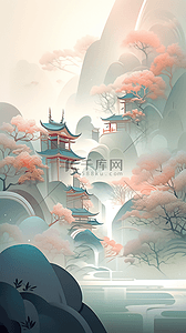 淡山水插画图片_中国风新中式淡彩山水彩墨秋天风景