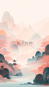 新中式插画图片_新中式中国风淡彩山水水粉秋天风景