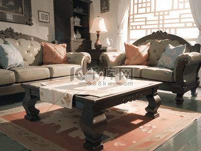 有茶几和沙发的客厅一角中式场景插画
