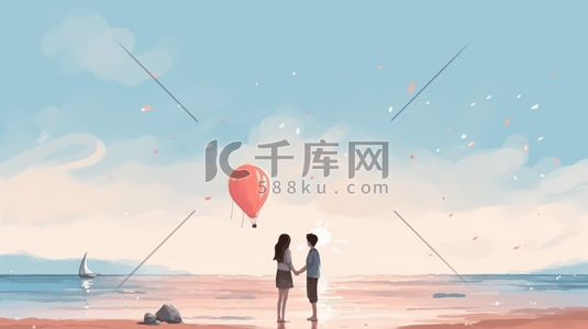 卡通七夕情人节插画图片_卡通唯美沙滩上的情侣七夕情人节插画2