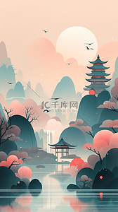 淡山水插画图片_新中式中国风淡彩山水彩墨秋天风景