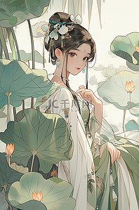 国潮古风美少女插画图片_中国风工笔画荷花女神