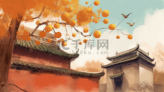 中国风唯美城墙外的柿子树插画2
