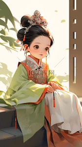 坐卡通人物插画图片_中国风唐风坐着的女孩人物