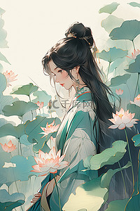 国潮古风美少女插画图片_荷花人物插画国潮