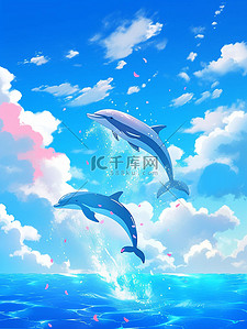 跃跃跃插画图片_漫画风格海面上海豚跃水蓝天白云插画3