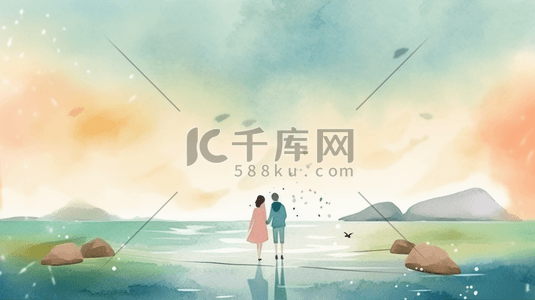 卡通唯美沙滩上的情侣七夕情人节插画5