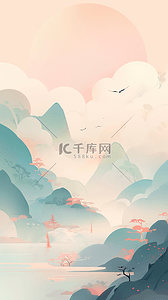 中式风景插画图片_新中式淡彩山水中国风秋天风景