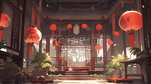 中国风中式红色系古风门厅场景