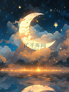 金色光芒插画图片_梦幻之夜星星和月亮5