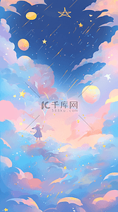 星空梦幻卡通插画图片_手绘唯美云层中的女孩梦幻治愈风插画