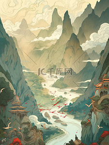 中国的群山连绵河流蜿蜒插画1