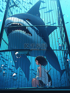 侧面对视插画图片_女孩在深海笼子与鲨鱼对视7