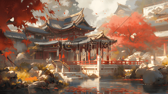 中式描边花插画图片_中国风秋季中式庭院古风场景