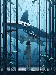侧面对视插画图片_女孩在深海笼子与鲨鱼对视8
