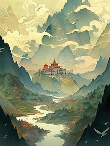中国的群山连绵河流蜿蜒插画15