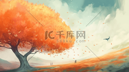 橙色秋季唯美风景插画1