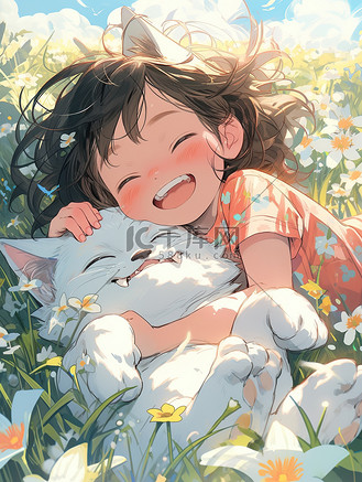 美丽小女孩拥抱白色猫16