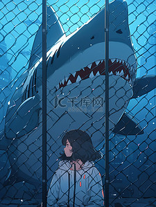 恐惧发抖插画图片_女孩在深海笼子与鲨鱼对视2