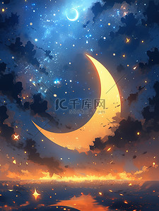 金色光芒插画图片_梦幻之夜星星和月亮16