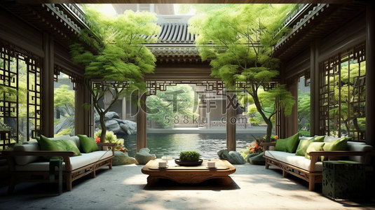 中式传统花园建筑艺术插画10