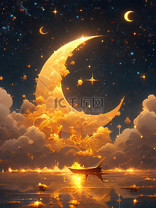 金色光芒插画图片_梦幻之夜星星和月亮17