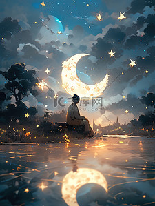 金色光芒插画图片_梦幻之夜星星和月亮11