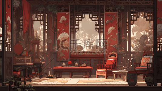 中式插画图片_中国风中式红色系室内古风场景