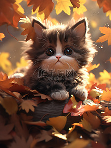 秋天枫叶插画图片_秋天枫叶落叶可爱的小猫6