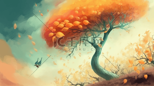 叶子变黄变红变褐插画图片_橙色秋季唯美风景插画4