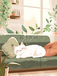 客厅沙发插画图片_可爱宠物猫客厅沙发睡觉6