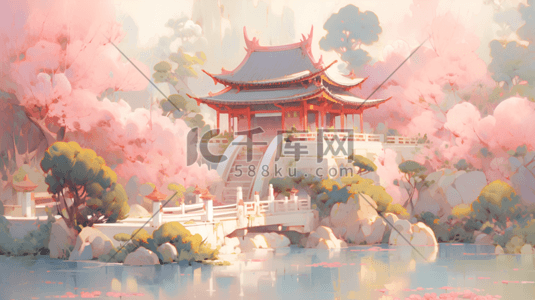 粉色中国风插画图片_中国风中式粉色系庭院古风场景