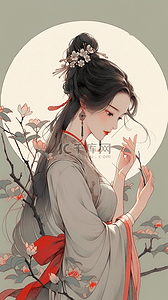 淡雅水墨古风插画图片_中国古风月亮下的女子