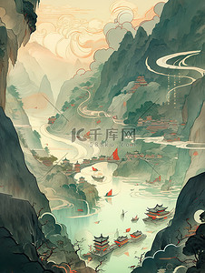 森林中的河流插画图片_中国的群山连绵河流蜿蜒插画16