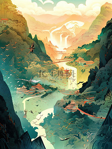 森林中的河流插画图片_中国的群山连绵河流蜿蜒插画14