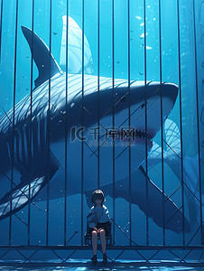 对视插画图片_女孩在深海笼子与鲨鱼对视4