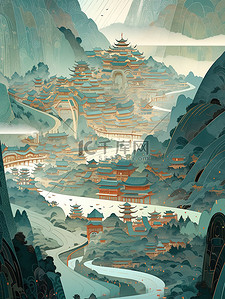 森林中的河流插画图片_中国的群山连绵河流蜿蜒插画11