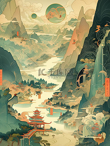 中国的群山连绵河流蜿蜒插画13