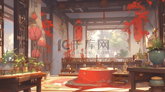 古风建筑室内插画图片_中国风中式红色系室内古风场景