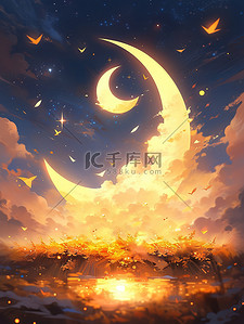 金色光芒插画图片_梦幻之夜星星和月亮15