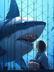 恐惧发抖插画图片_女孩在深海笼子与鲨鱼对视5