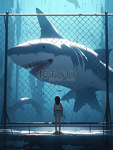 恐惧发抖插画图片_女孩在深海笼子与鲨鱼对视10