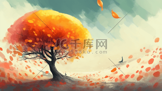 叶子变黄变红变褐插画图片_橙色秋季唯美风景插画12