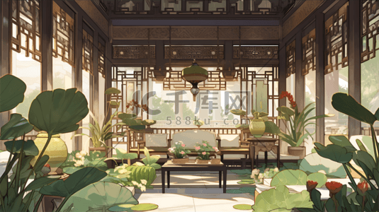 室内中式场景插画图片_中国风中式绿色系室内古风场景