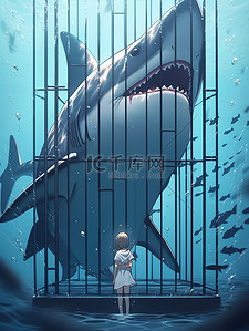 恐惧发抖插画图片_女孩在深海笼子与鲨鱼对视1