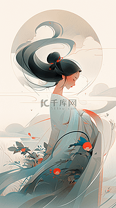 彩古风插画图片_中国风新中式淡彩古风淡雅美女