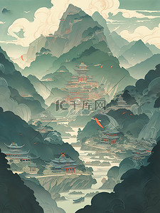 中国的群山连绵河流蜿蜒插画6